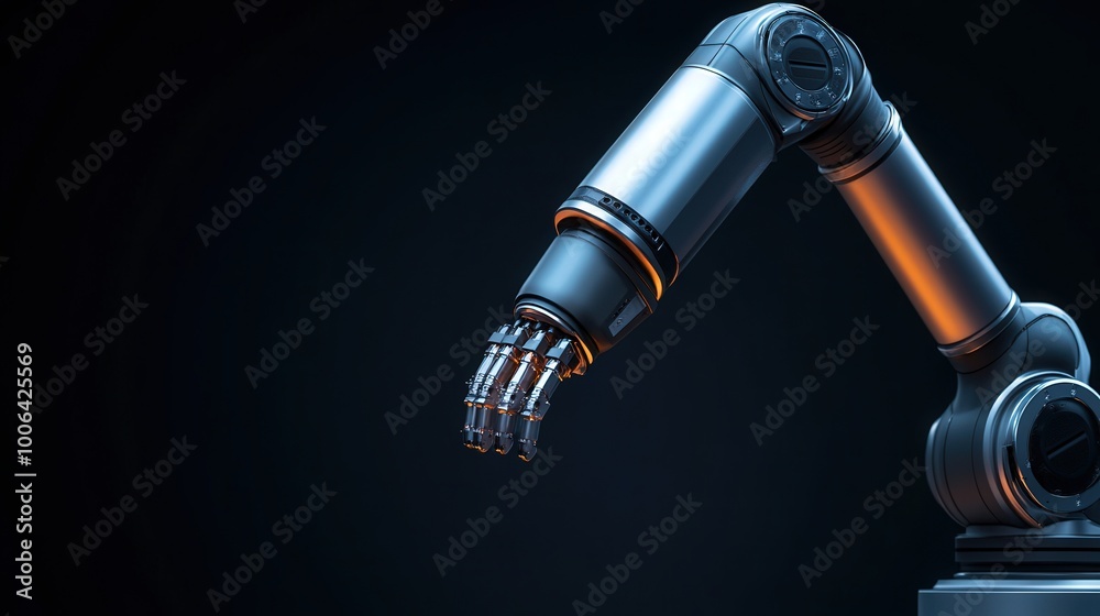 © crazyass - Futuristic Robotic Arm, sleek design in a shadowy backdrop, embodies cutting-edge technology and innovation, ample space for informative text or branding elements. © crazyass - Futuristic Robotic Arm, sleek design in a shadowy backdrop, embodies cutting-edge technology and innovation, ample space for informative text or branding elements.
