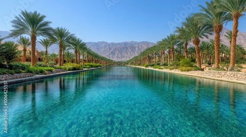 Wallpaper Mural A tranquil landscape featuring a palm-lined waterway with mountains in the background. Torontodigital.ca