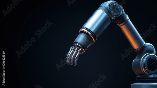 Futuristic Robotic Arm, sleek design in a shadowy backdrop, embodies cutting-edge technology and innovation, ample space for informative text or branding elements.