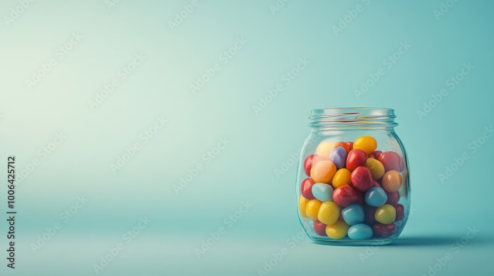 Glass jar of candies on a clean background, with open space for text or branding on the side. Glass jar of candies on a clean background, with open space for text or branding on the side.