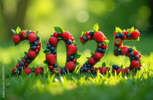 The number (figure) 2025 represents the happy year 2025 in a minimalistic style, the figures are 3D visualized with berries (strawberries, blueberries, raspberries, blackberries) in a line. Side view