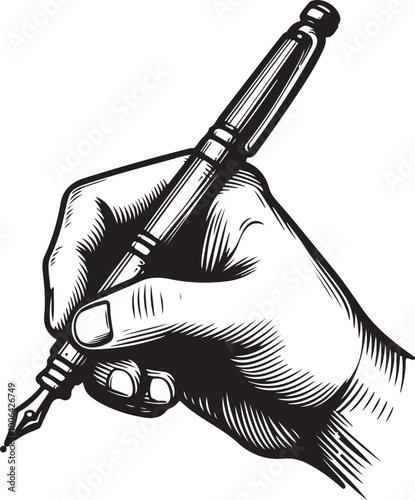A hand gripping a pen, hand holding a pen, writing icon in a vector doodle style.