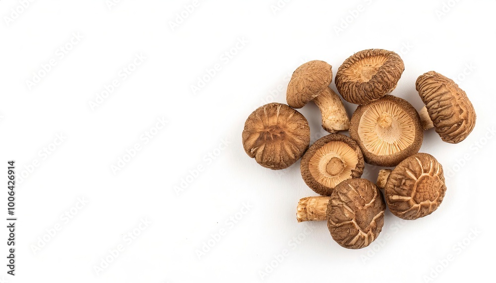 shiitake, Chinquapin, Chinese black forest mushrooms or Lentinula edodes is an edible mushroom native to East Asia, which is cultivated and consumed around the globe. Isolated on white with copy space shiitake, Chinquapin, Chinese black forest mushrooms or Lentinula edodes is an edible mushroom native to East Asia, which is cultivated and consumed around the globe. Isolated on white with copy space