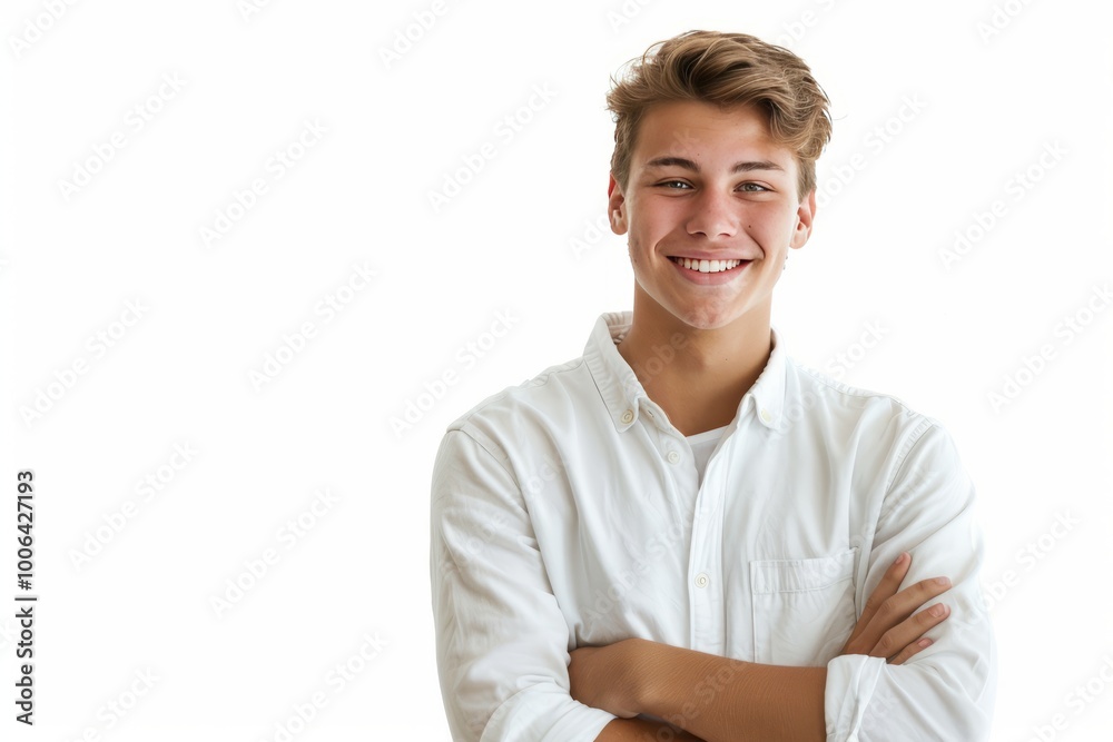 Young man with a bright smile and arms crossed, posing against a white background , background blur Young man with a bright smile and arms crossed, posing against a white background , background blur