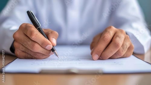 A close-up of hands writing on a document with a pen, conveying professionalism and attention to detail.