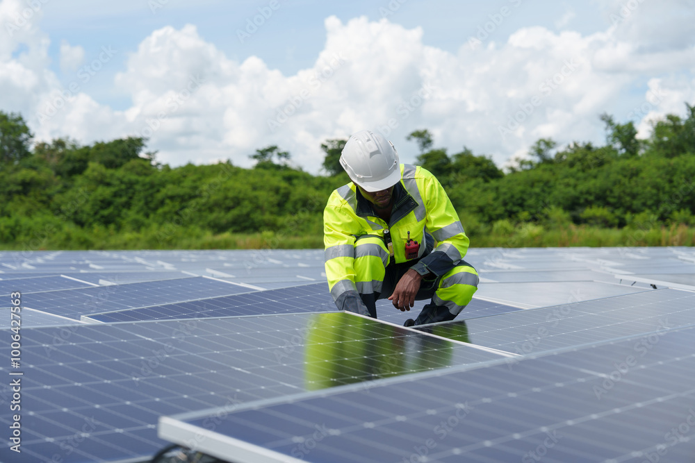 custom made wallpaper toronto digitalAfrican-American engineer carefully examines cutting-edge floating solar panel system designed to harness renewable energy for complex industries.