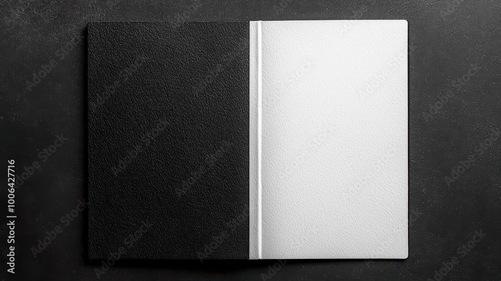 An elegant, two-toned book features a textured black cover and a pristine white interior, resting on a dark surface. An elegant, two-toned book features a textured black cover and a pristine white interior, resting on a dark surface.
