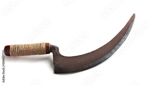 sickle, bagging, reaping or grass hook is a single handed agricultural tool designed with variously curved blades and typically used for harvesting or reaping grain crops. Isolated on white background