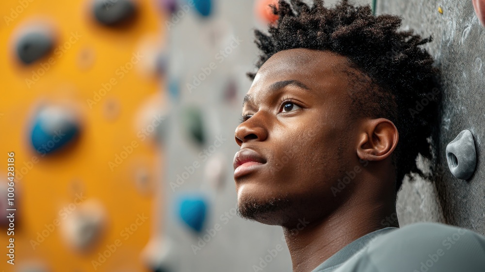 A man scales a rock climbing wall, his expression focused and determined. His positive thinking helps him push beyond his limits A man scales a rock climbing wall, his expression focused and determined. His positive thinking helps him push beyond his limits