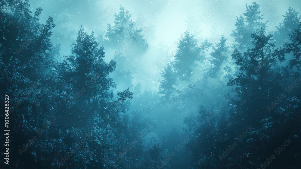 A misty morning forest scene with dense trees shrouded in fog, creating serene and tranquil atmosphere. soft blue tones enhance mystical feel of landscape A misty morning forest scene with dense trees shrouded in fog, creating serene and tranquil atmosphere. soft blue tones enhance mystical feel of landscape