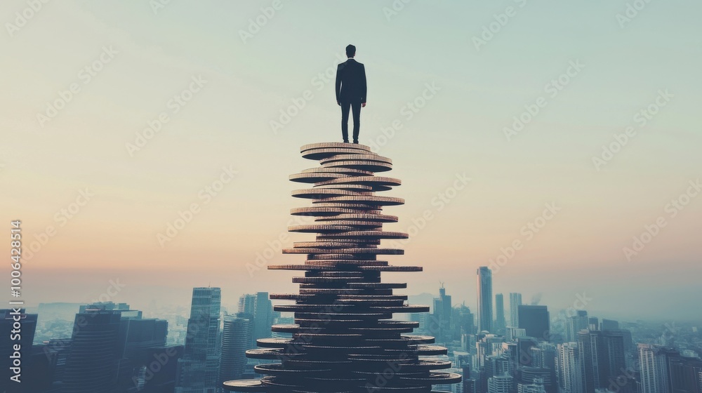 A man standing on a high platform made of stacked coins, looking out over a city skyline. The coins are shaped like an upward arrow, representing profit margin expansion A man standing on a high platform made of stacked coins, looking out over a city skyline. The coins are shaped like an upward arrow, representing profit margin expansion
