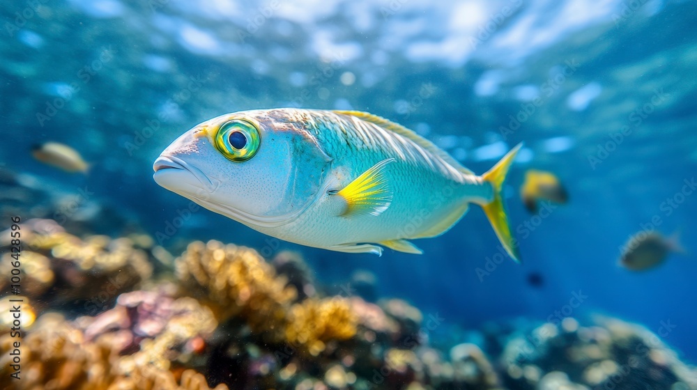 A vibrant underwater scene featuring a fish swimming among coral reefs. A vibrant underwater scene featuring a fish swimming among coral reefs.