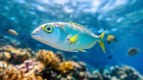 A vibrant underwater scene featuring a fish swimming among coral reefs.