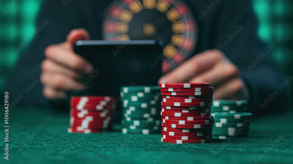 A figure reaching for a phone displaying online gambling results while a shadowy clock looms in the background, representing lost time and mental distraction, peaceful, soft natura A figure reaching for a phone displaying online gambling results while a shadowy clock looms in the background, representing lost time and mental distraction, peaceful, soft natura