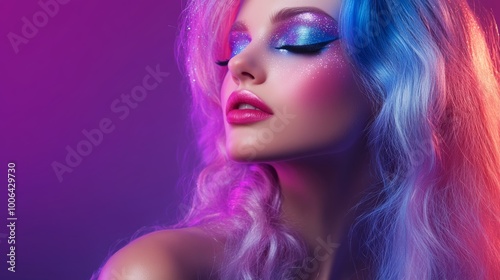 Beautiful woman posing with galaxy makeup and multicolored hair