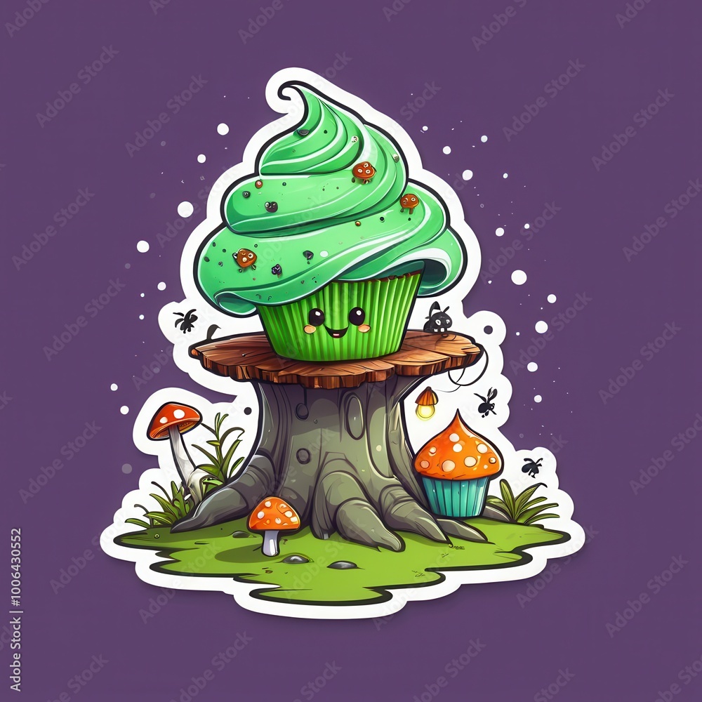 A whimsical cupcake with green frosting, topped with a cute spider, sits on a tree stump surrounded by tiny mushrooms, creating a magical forest-themed dessert scene A whimsical cupcake with green frosting, topped with a cute spider, sits on a tree stump surrounded by tiny mushrooms, creating a magical forest-themed dessert scene