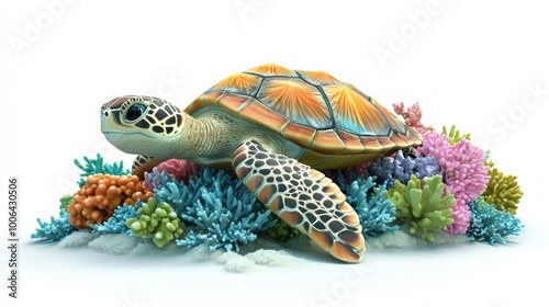 A cute 3D cartoon turtle swimming through colorful coral, rendered in vibrant colors, isolated for emphasis on marine life and ocean protection photo