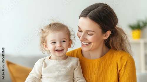 A mother plays with her young child in the living room, their laughter filling the space with joy. The bright, colorful room reflects their happiness and positive connection