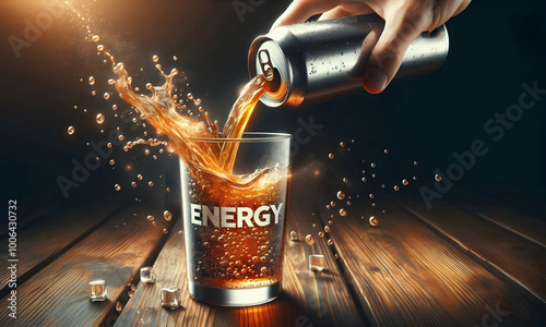 Eine Dose mit einem Energy Drink, der in ein Glas geschüttet wird, copy space photo