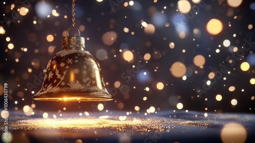 A golden bell is hanging from a chain in the snow photo