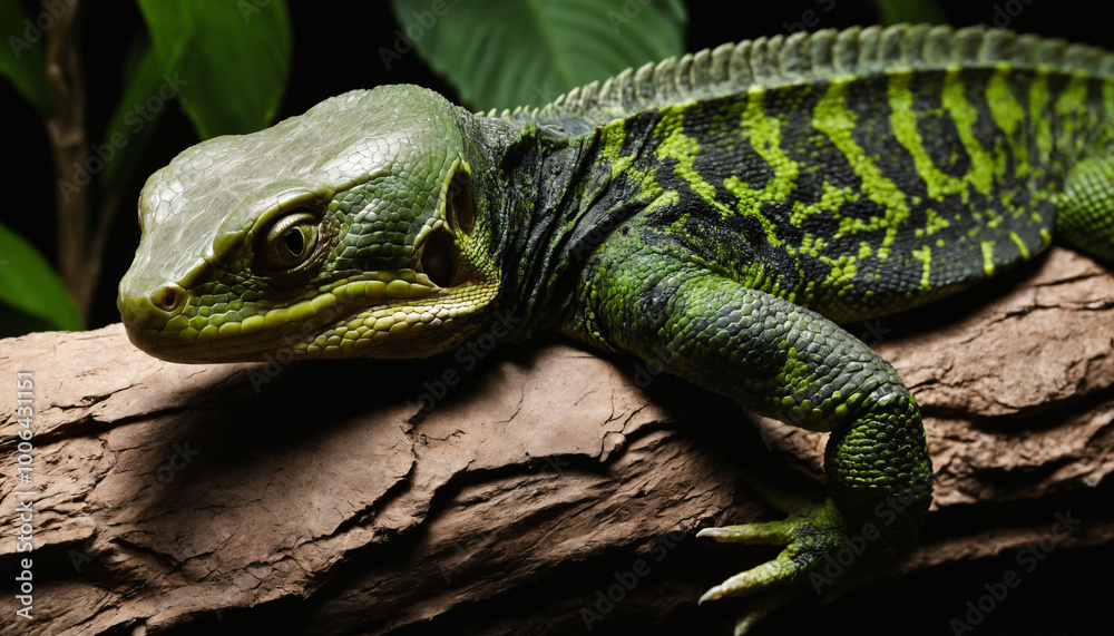Colorful reptile resting on a branch in a lush environment with vibrant green foliage Colorful reptile resting on a branch in a lush environment with vibrant green foliage