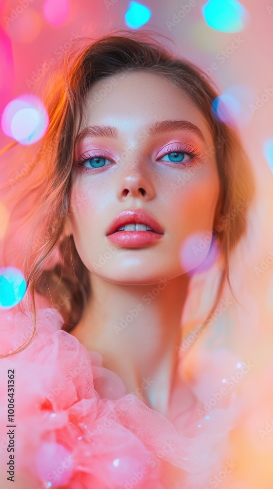 Beautiful woman posing with bokeh lights and pink dress Beautiful woman posing with bokeh lights and pink dress