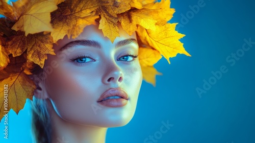 Beautiful model posing with a crown of autumn maple leaves