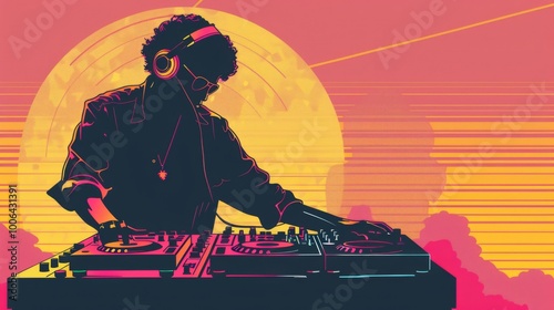 Silhouette of a DJ. A man wearing a headset standing in front of a DJ mixer and playing music on a turntable. photo