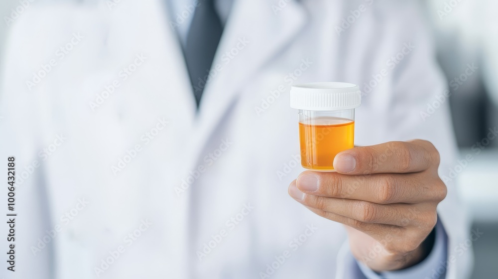 Doctor holding a urine sample in a medical lab setting Doctor holding a urine sample in a medical lab setting