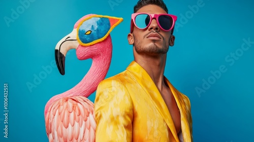 Fashion model posing with a pink flamingo wearing sunglasses