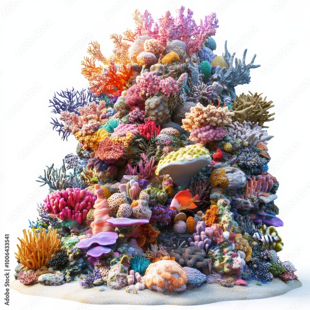 Fototapeta premium A detailed 3D underwater coral scene featuring various aquatic life, rendered in bright colors, isolated for emphasis on marine biodiversity and conservation