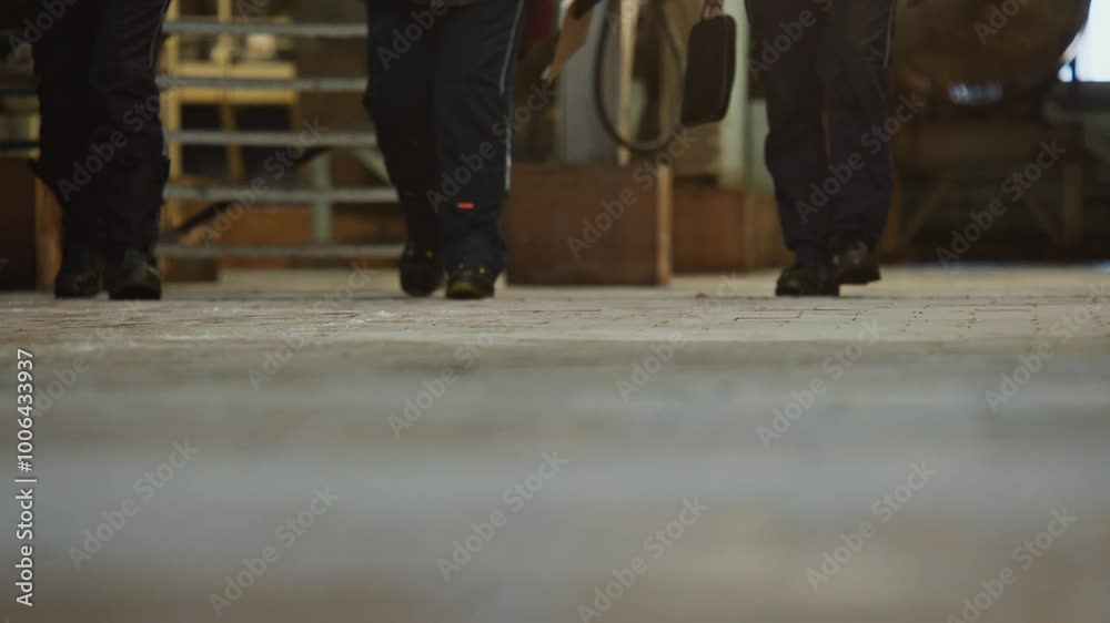 Close-up of workers' feet walking on the tiled floor of a factory. Close-up of workers' feet walking on the tiled floor of a factory.