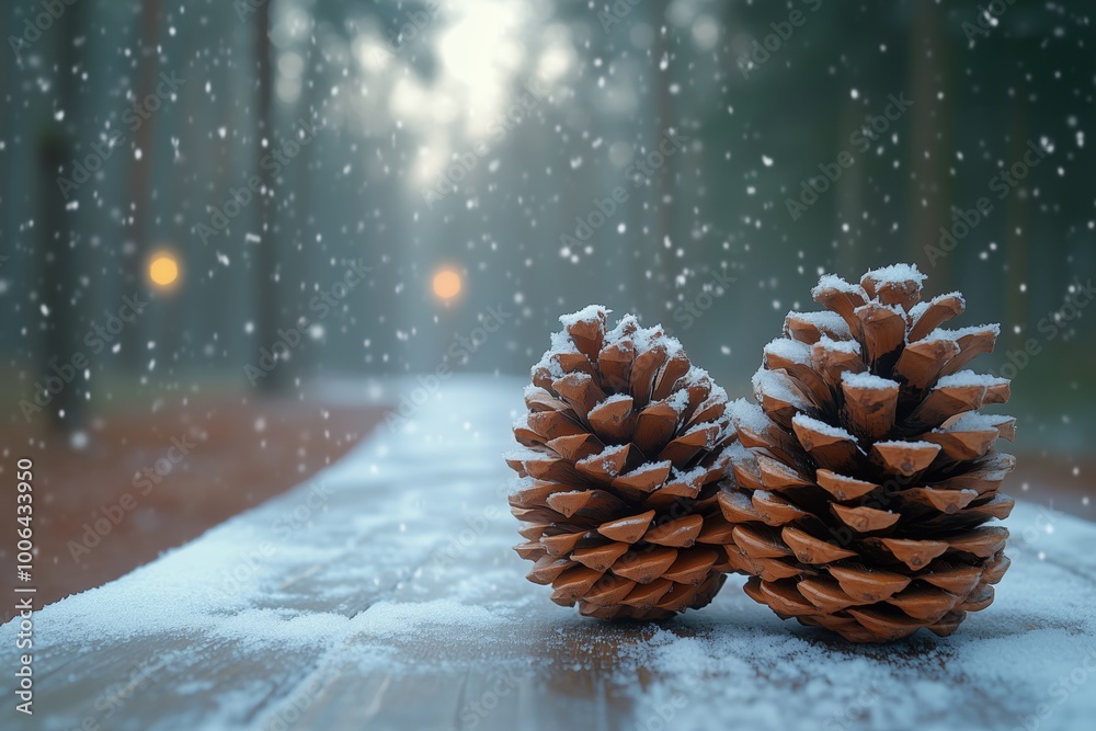 A winter-themed background with pine cones and snow on a white wooden tabletop, snow and snowflakes falling A winter-themed background with pine cones and snow on a white wooden tabletop, snow and snowflakes falling