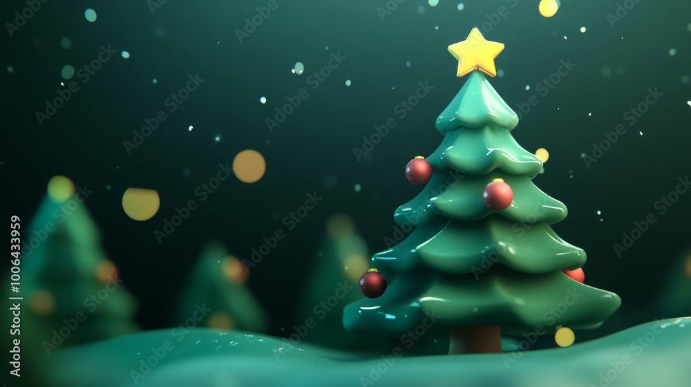 A Christmas tree with a star on top is surrounded by other trees A Christmas tree with a star on top is surrounded by other trees
