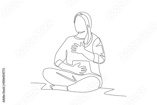 The woman in mediation calms herself down. Wellbeing concept one-line drawing