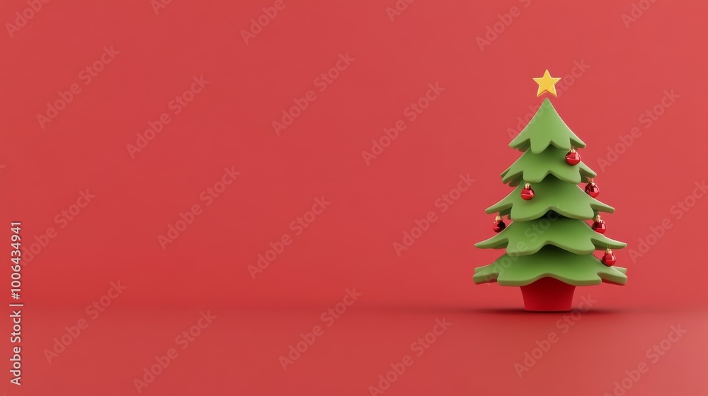 A green Christmas tree with red ornaments sits on a red background A green Christmas tree with red ornaments sits on a red background