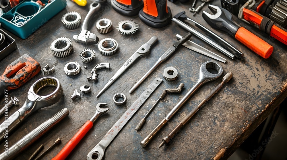 Fototapeta premium Neatly Arranged Set of Tools and Machine Parts on a Workbench