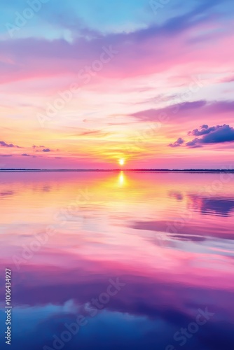 A stunning sunset paints the sky with vibrant colors, reflecting beautifully on the calm water surface below, creating a serene and peaceful atmosphere.