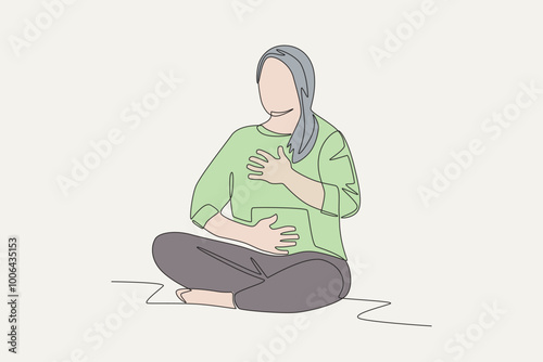 Colored the woman in mediation calms herself down. Wellbeing concept one-line drawing