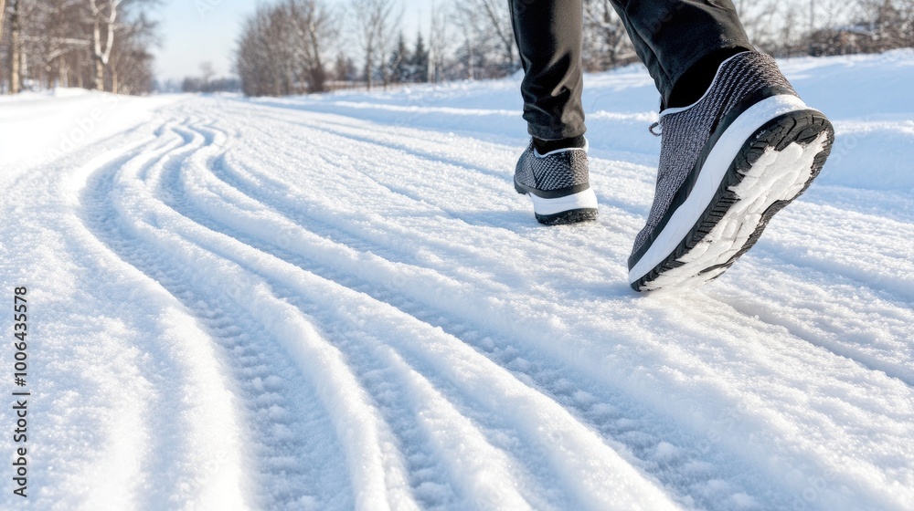 The image captures a close-up view of feet running in freshly fallen snow, showcasing sports shoes on a winter trail, surrounded by a snowy landscape and trees The image captures a close-up view of feet running in freshly fallen snow, showcasing sports shoes on a winter trail, surrounded by a snowy landscape and trees