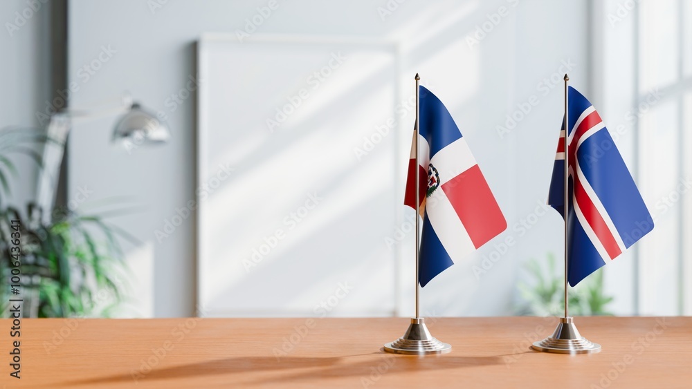 FLAGS OF DOMINICAN REPUBLIC AND ICELAND ON TABLE FLAGS OF DOMINICAN REPUBLIC AND ICELAND ON TABLE