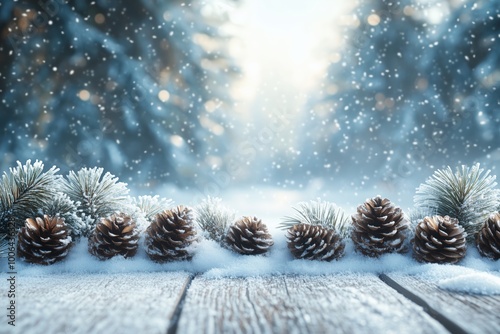 A winter-themed background with pine cones and snow on a white wooden tabletop, snow and snowflakes falling