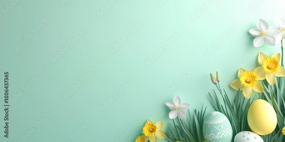 Gorgeous easter background featuring green grass, yellow flowers, and easter eggs. Gorgeous easter background featuring green grass, yellow flowers, and easter eggs.
