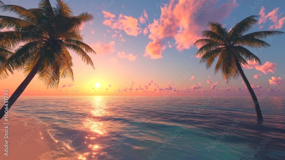 Obraz premium ## Sunset Paradise: Palm Trees & Ocean Glow