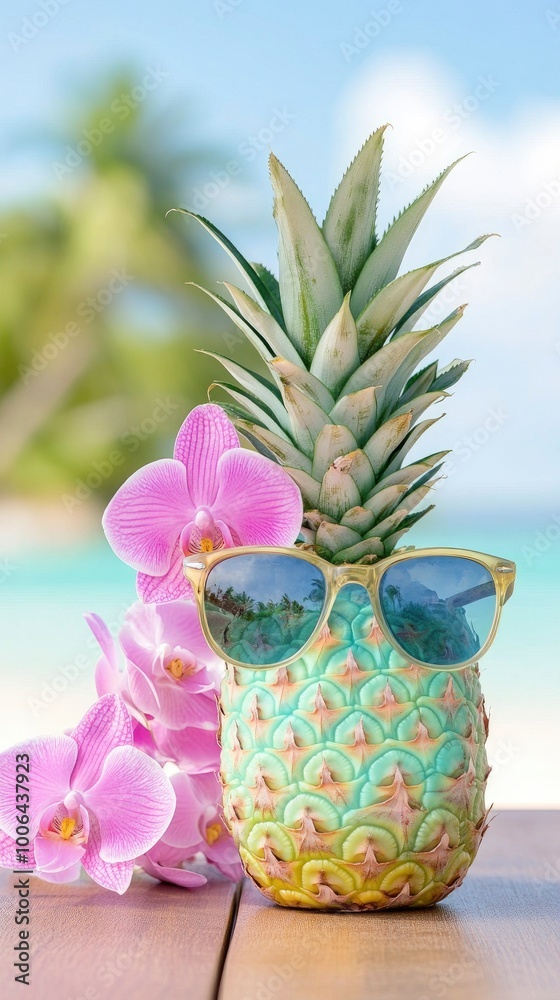 Adorable pineapple with leis and sunglasses made of orchid flowers resting on a wooden table against the backdrop of a tropical beach. Adorable pineapple with leis and sunglasses made of orchid flowers resting on a wooden table against the backdrop of a tropical beach.