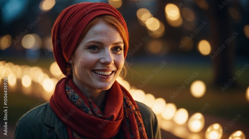 Young Caucasian woman with long brown hair wearing red headscarf and red scarf, smiling in front of blurred background with lights Young Caucasian woman with long brown hair wearing red headscarf and red scarf, smiling in front of blurred background with lights