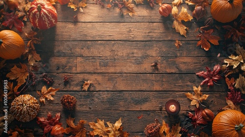 Fototapeta Naklejka Na Ścianę i Meble -  top down view of a rustic table with a small amount of fall decor, hyper realisim, photo realistic, highly detailed, with space in the middle to put a product photo