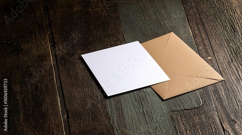 A blank white card paired with a kraft brown paper envelope template, perfect for invitations or announcements..