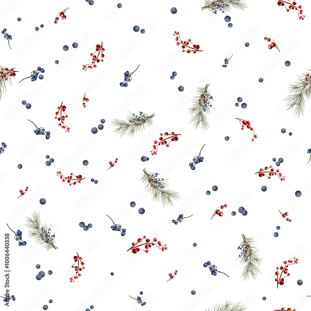 Fluffy pine branches and wild grapes Seamless Christmas pattern. Watercolor illustration in digital. Fir branches, red winter berries, blackthorn and holly, isolated on a white background. New Year Fluffy pine branches and wild grapes Seamless Christmas pattern. Watercolor illustration in digital. Fir branches, red winter berries, blackthorn and holly, isolated on a white background. New Year