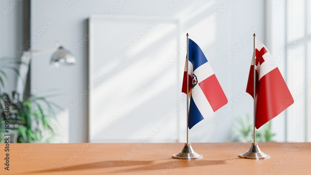 FLAGS OF DOMINICAN REPUBLIC AND TONGA ON TABLE FLAGS OF DOMINICAN REPUBLIC AND TONGA ON TABLE